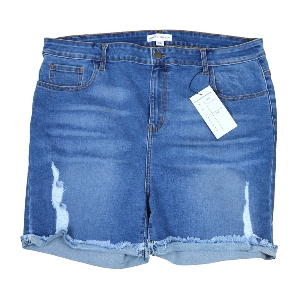Abela Story Stretchy Medium Wash Lightly Distressed ‘So Daring’ Denim Shorts NWT